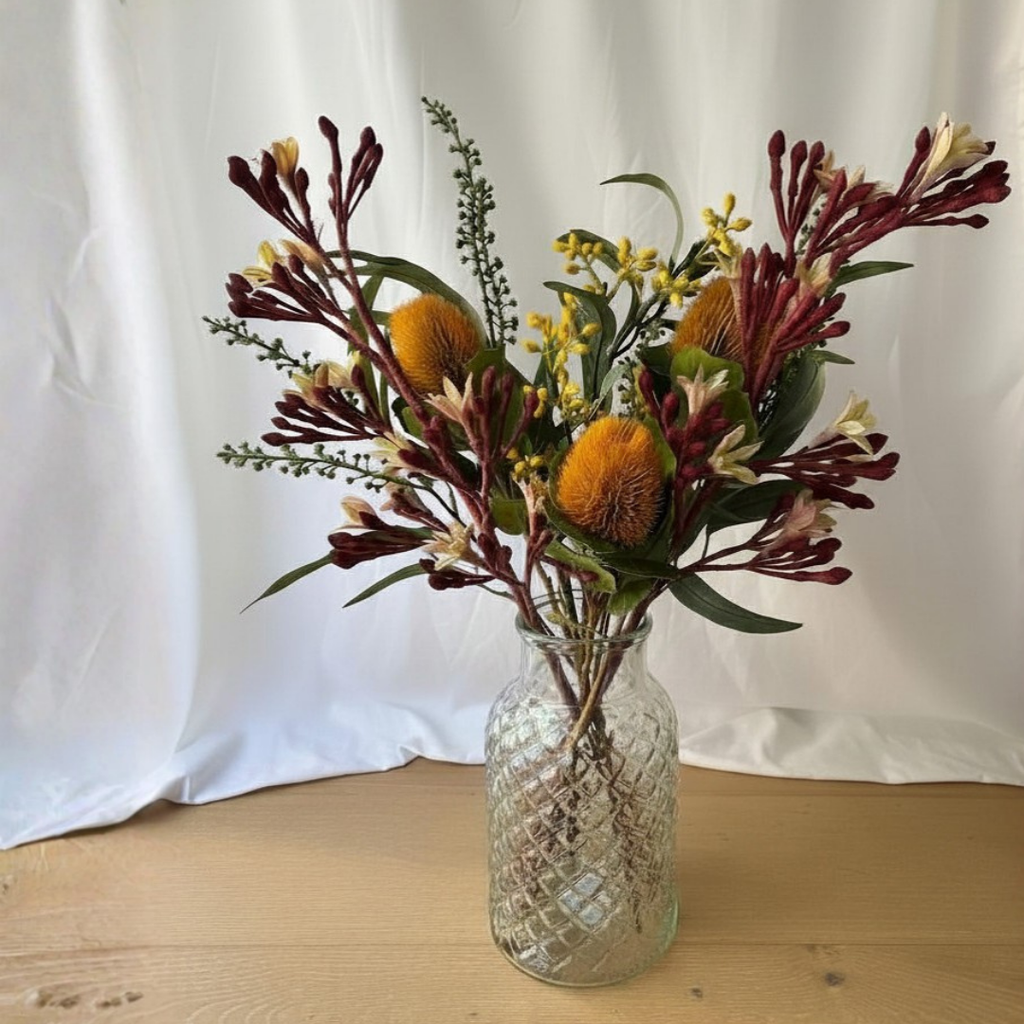 Banksia & Kangaroo Paw Floral Arrangement in Textured Glass Vase