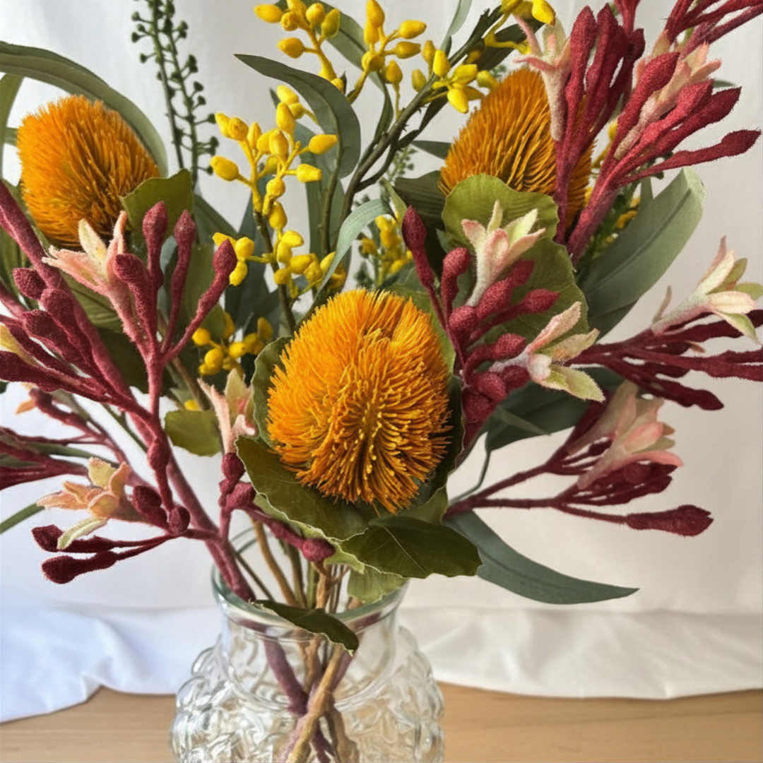 Banksia & Kangaroo Paw Floral Arrangement in Textured Glass Vase