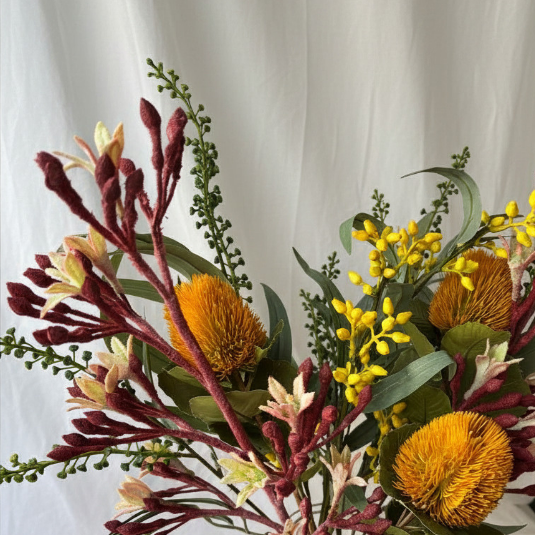 Banksia & Kangaroo Paw Floral Arrangement in Textured Glass Vase